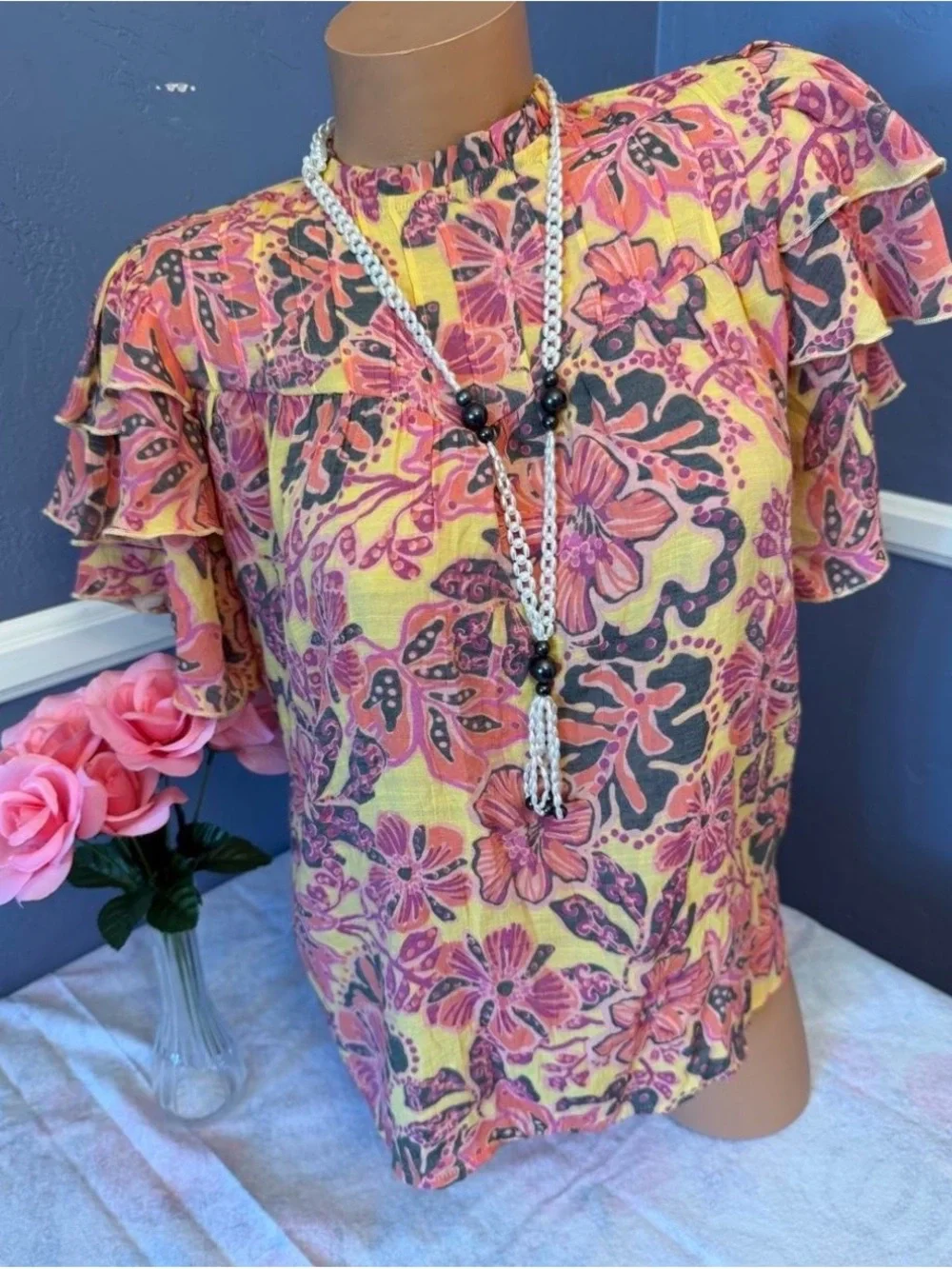 Nanette Lepore yellow & pink floral blouse ruffle sleeves sz S